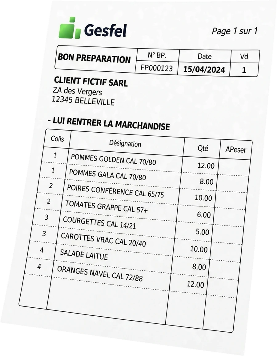 Bon de préparation édité par Gesfel