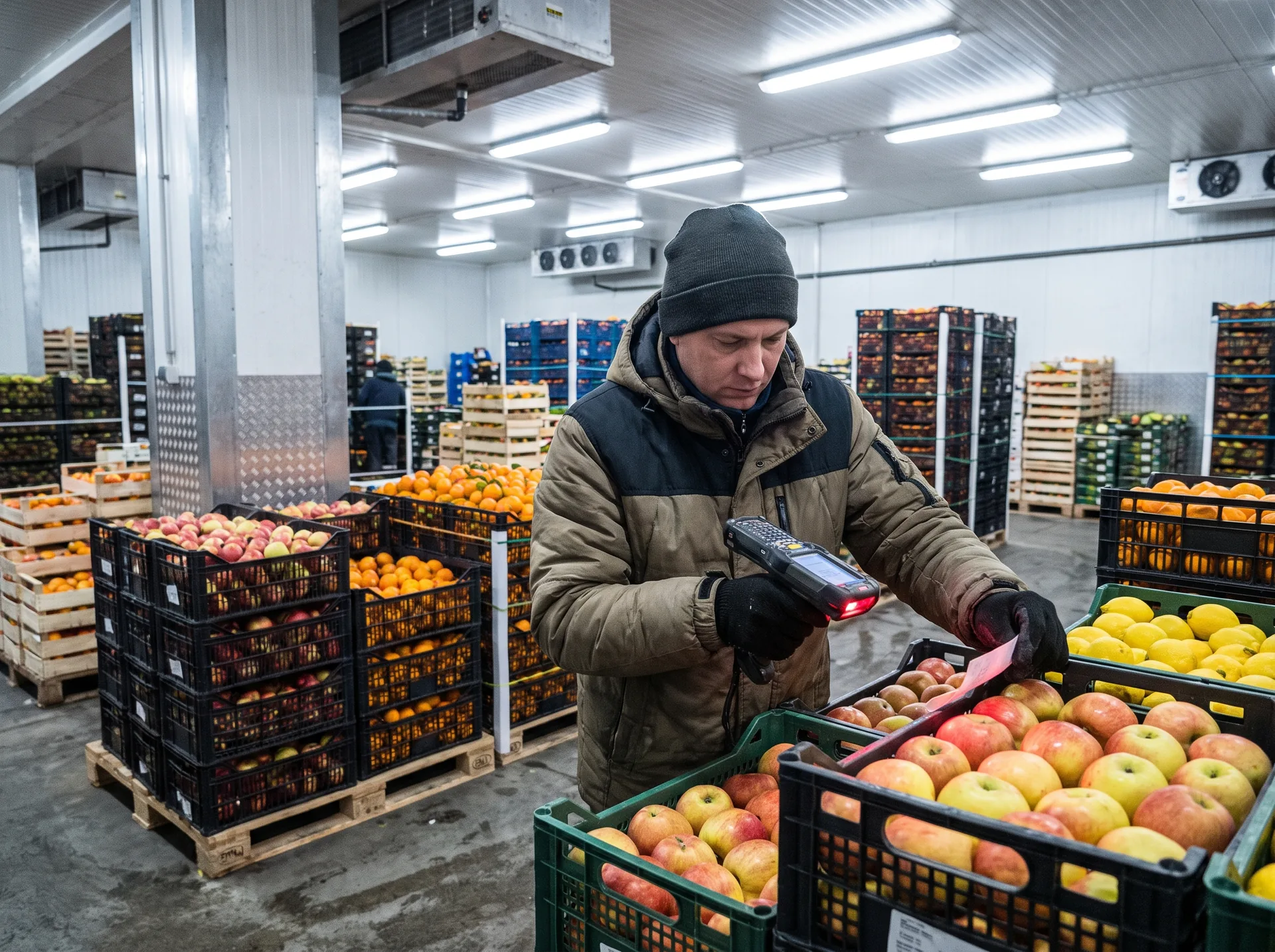 Lecture d'un lot au terminal code-barres dans un entrepôt de fruits et légumes